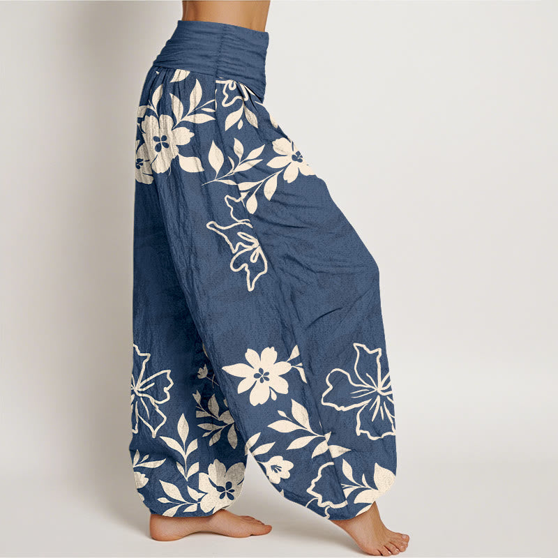 Cotton Retro Simple Flowers Leaves Pattern Women's Elastic Waist Harem Pants