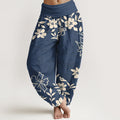 Cotton Retro Simple Flowers Leaves Pattern Women's Elastic Waist Harem Pants