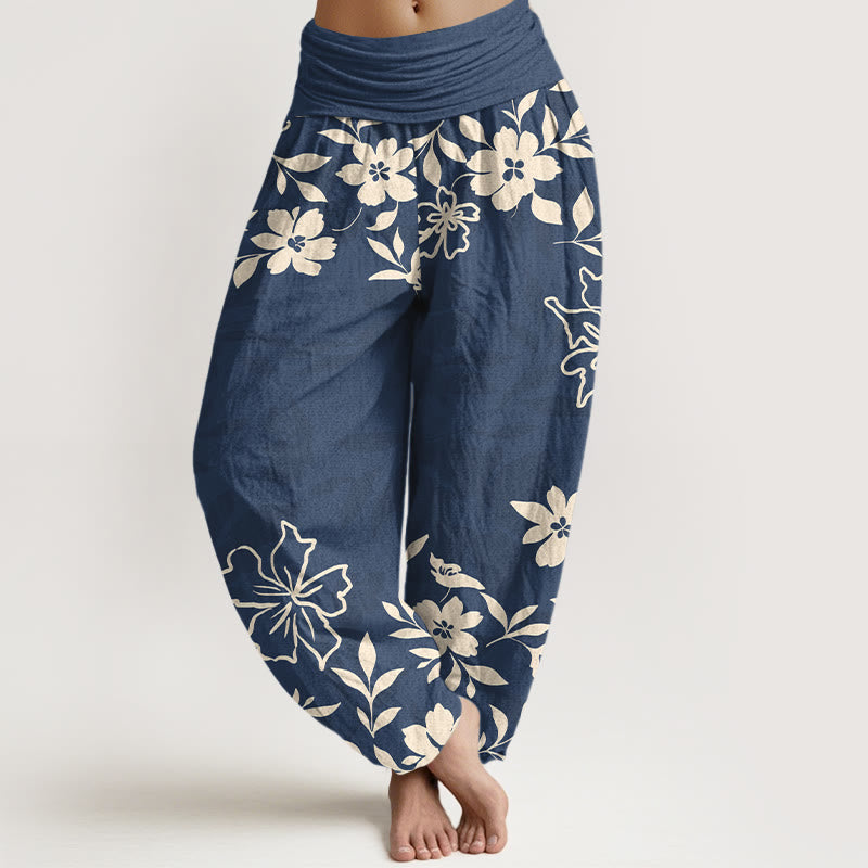 Cotton Retro Simple Flowers Leaves Pattern Women's Elastic Waist Harem Pants
