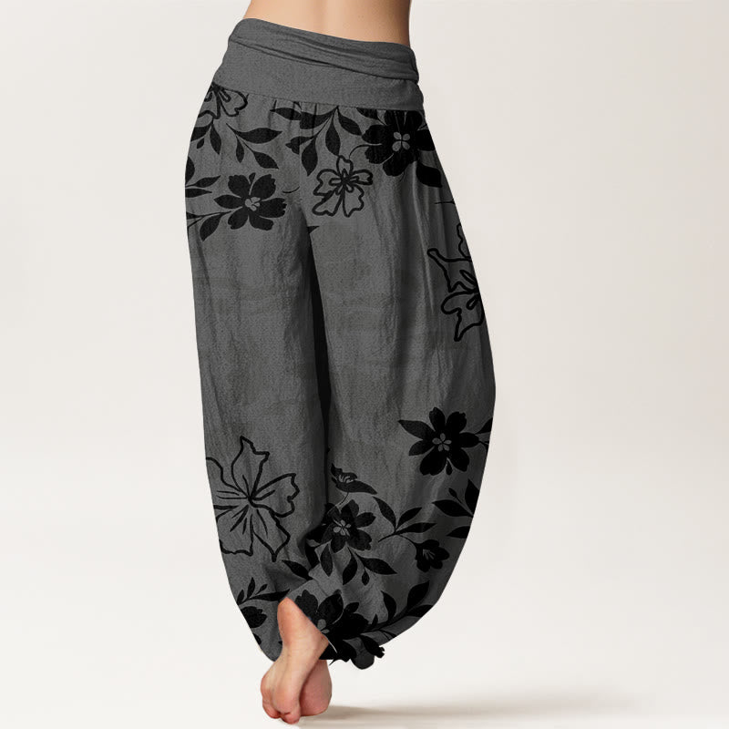Cotton Retro Simple Flowers Leaves Pattern Women's Elastic Waist Harem Pants