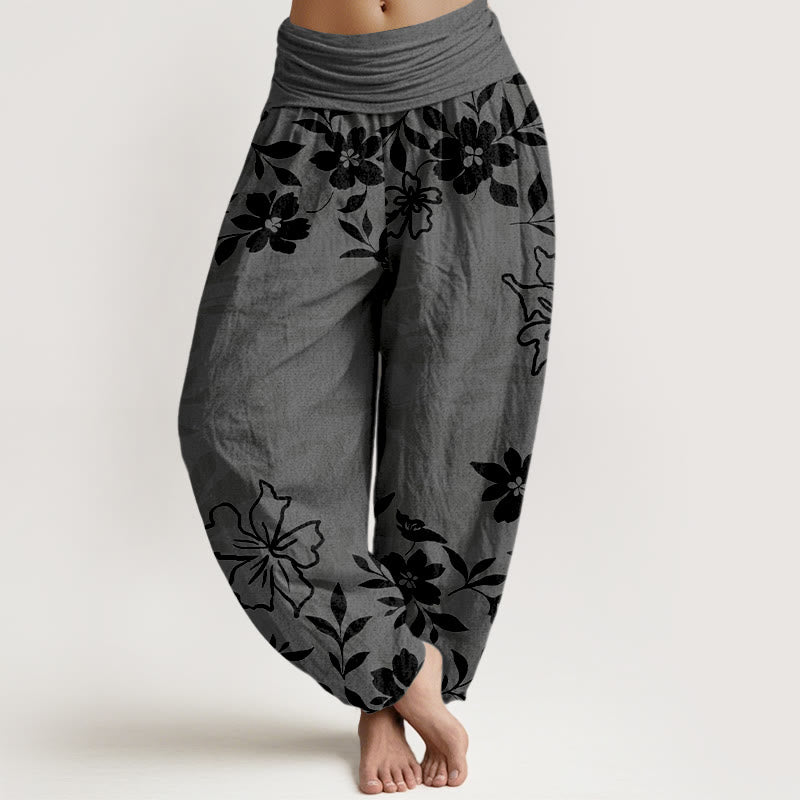 Cotton Retro Simple Flowers Leaves Pattern Women's Elastic Waist Harem Pants
