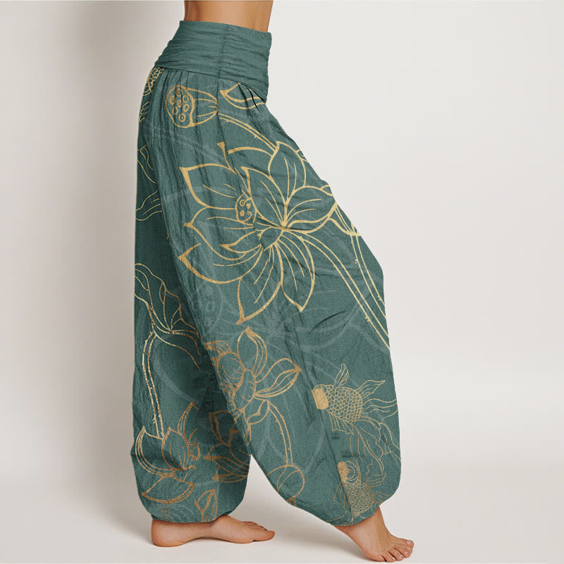Cotton Lotus Leaf Koi Fish Women's Elastic Waist Harem Pants
