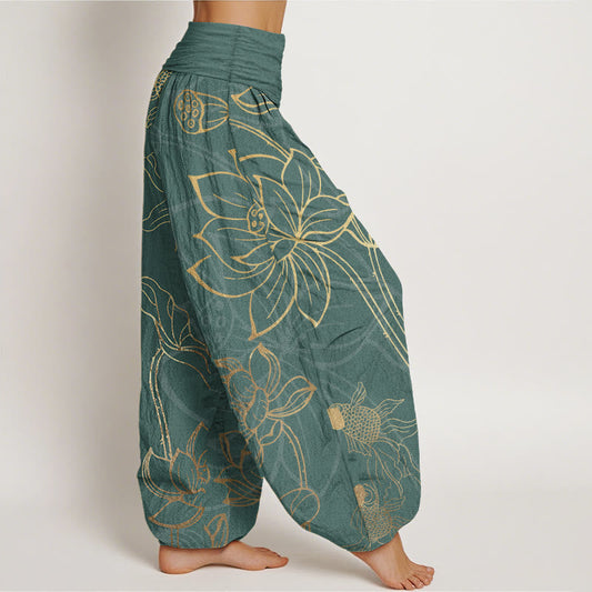 Cotton Lotus Leaf Koi Fish Women's Elastic Waist Harem Pants
