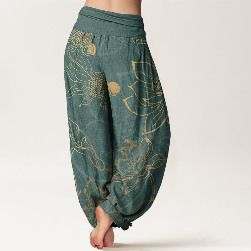 Cotton Lotus Leaf Koi Fish Women's Elastic Waist Harem Pants