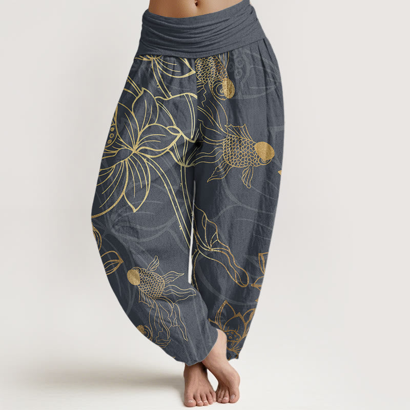 Cotton Lotus Leaf Koi Fish Women's Elastic Waist Harem Pants
