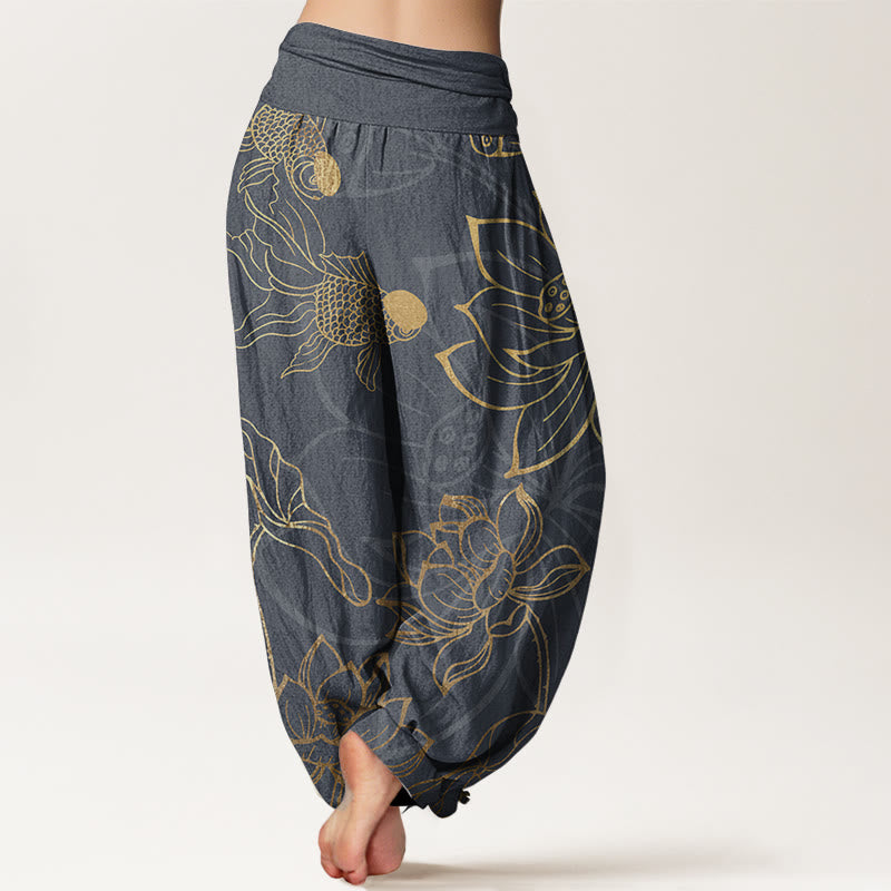 Cotton Lotus Leaf Koi Fish Women's Elastic Waist Harem Pants