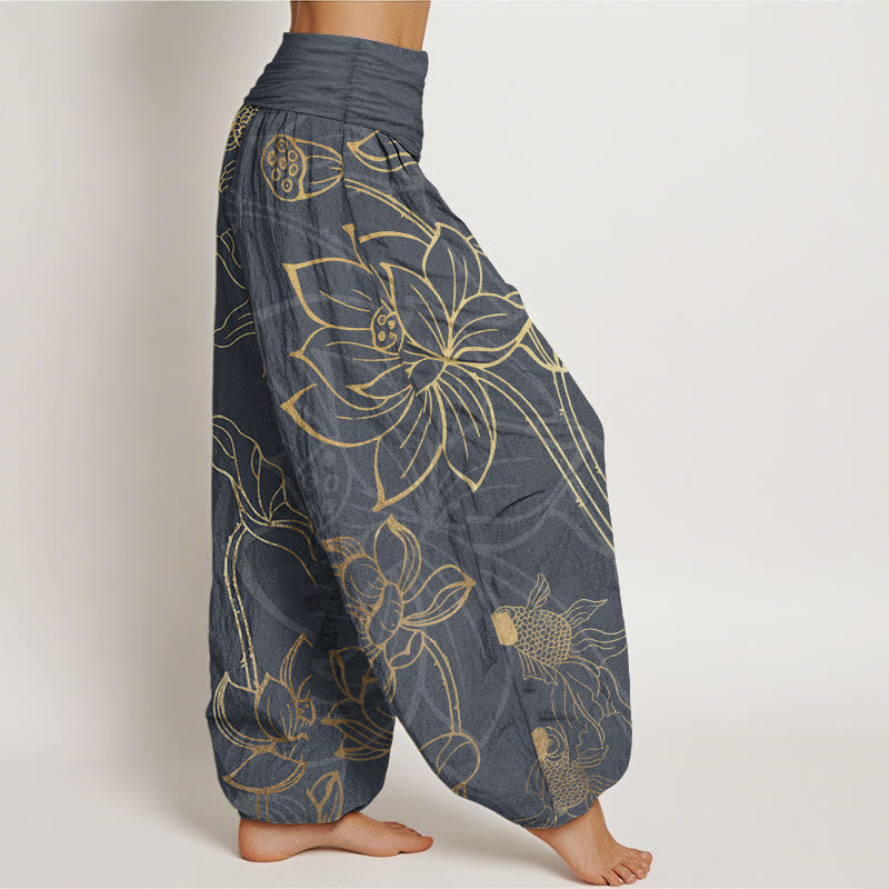Cotton Lotus Leaf Koi Fish Women's Elastic Waist Harem Pants
