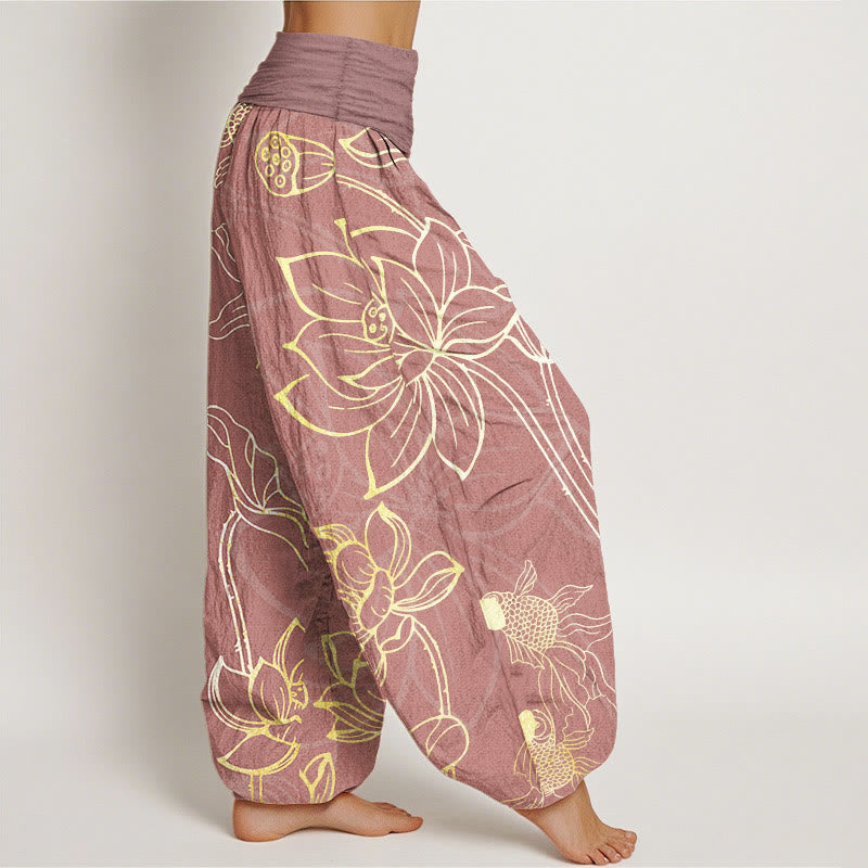 Cotton Lotus Leaf Koi Fish Women's Elastic Waist Harem Pants