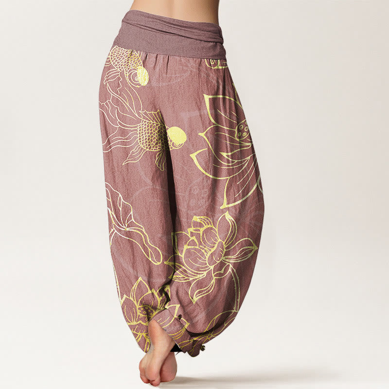 Cotton Lotus Leaf Koi Fish Women's Elastic Waist Harem Pants