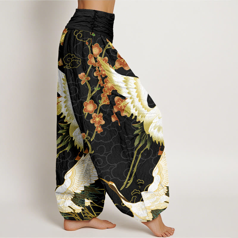 Pure Cotton Cranes Flowers Auspicious Clouds Pattern Women's Elastic Waist Harem Pants