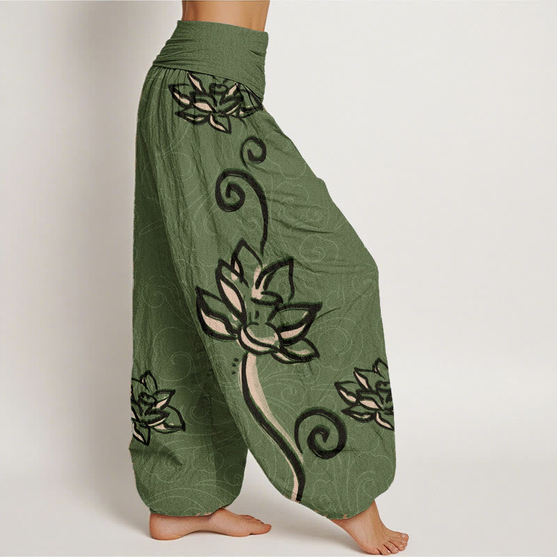 Cotton Casual Lotus Auspicious Clouds Design Women's Elastic Waist Harem Pants