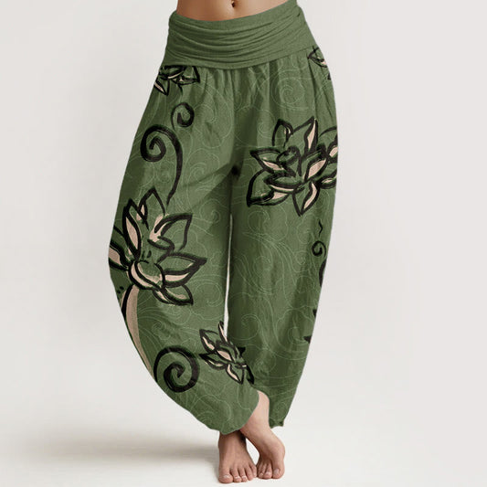Cotton Casual Lotus Auspicious Clouds Design Women's Elastic Waist Harem Pants