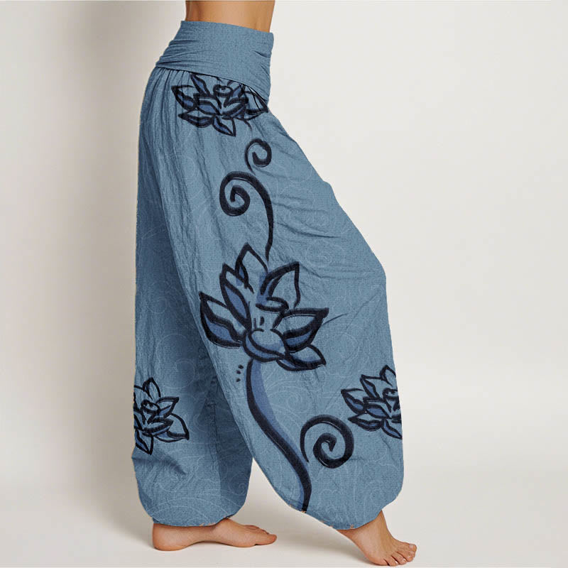 Cotton Casual Lotus Auspicious Clouds Design Women's Elastic Waist Harem Pants