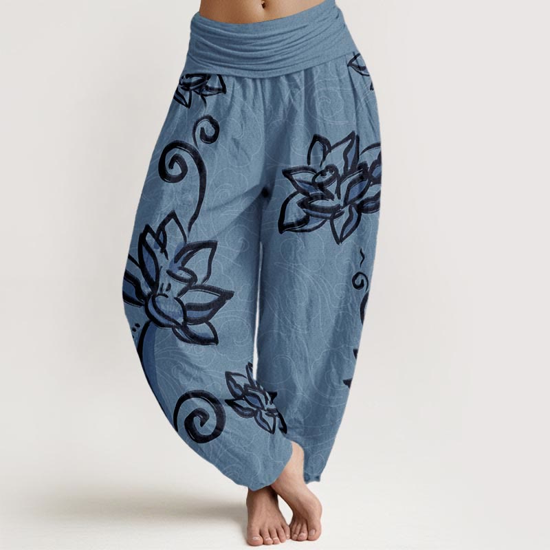 Cotton Casual Lotus Auspicious Clouds Design Women's Elastic Waist Harem Pants