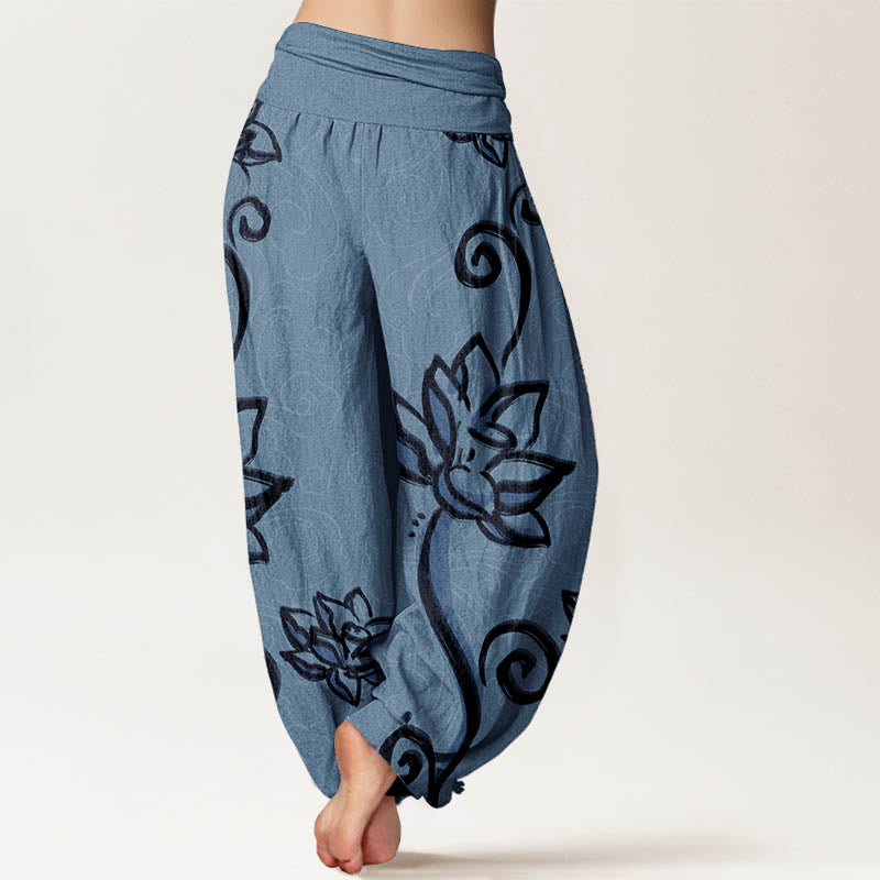 Cotton Casual Lotus Auspicious Clouds Design Women's Elastic Waist Harem Pants