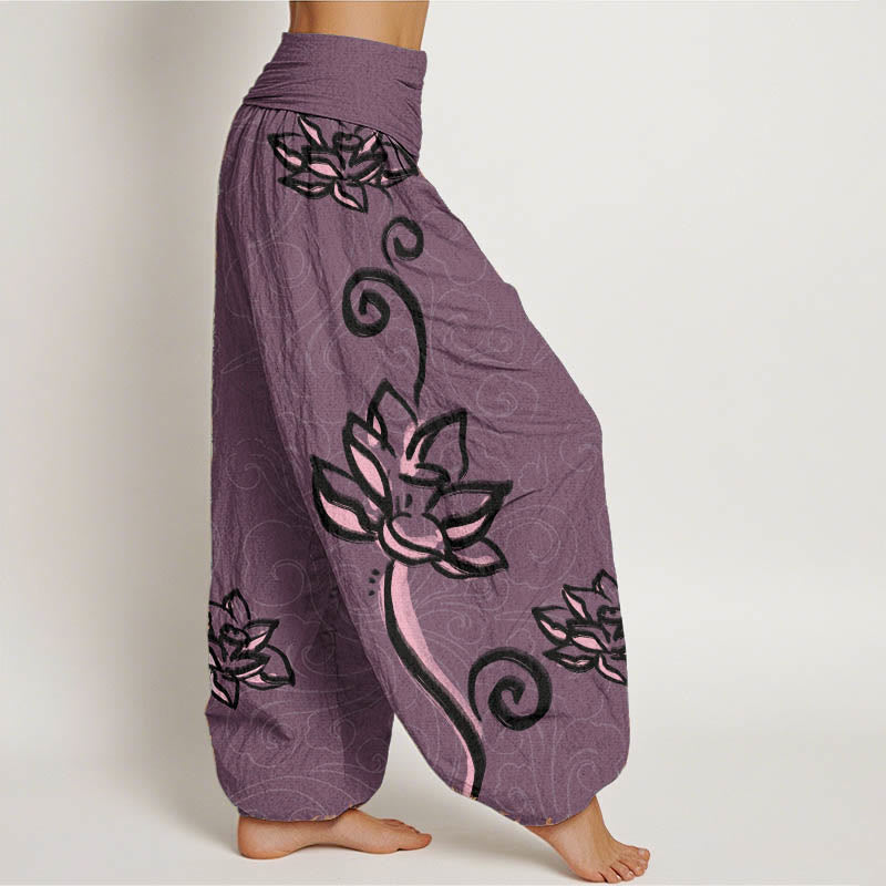 Cotton Casual Lotus Auspicious Clouds Design Women's Elastic Waist Harem Pants