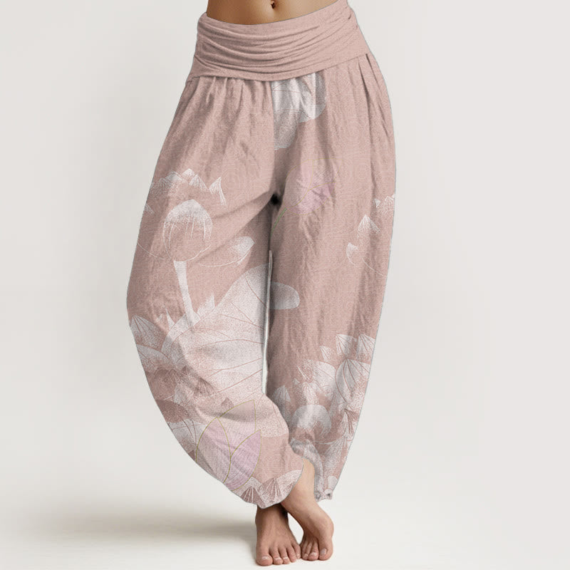 Cotton Pink And White Lotus Women's Elastic Waist Harem Pants