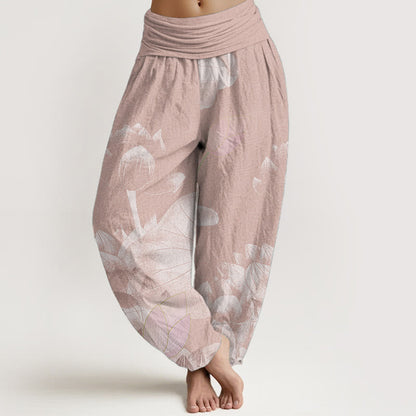 Cotton Pink And White Lotus Women's Elastic Waist Harem Pants