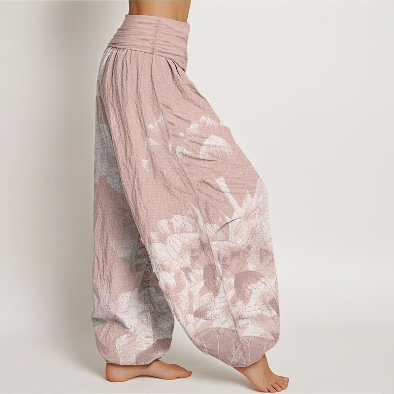 Cotton Pink And White Lotus Women's Elastic Waist Harem Pants