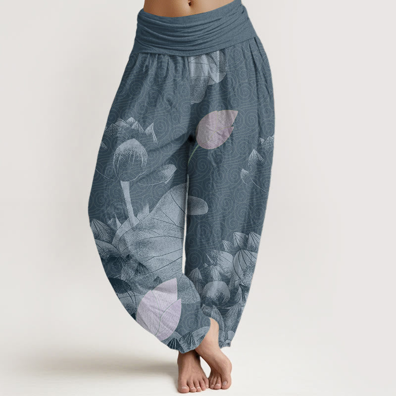 Cotton Pink And White Lotus Women's Elastic Waist Harem Pants