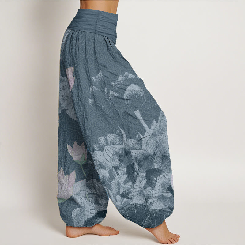 Cotton Pink And White Lotus Women's Elastic Waist Harem Pants