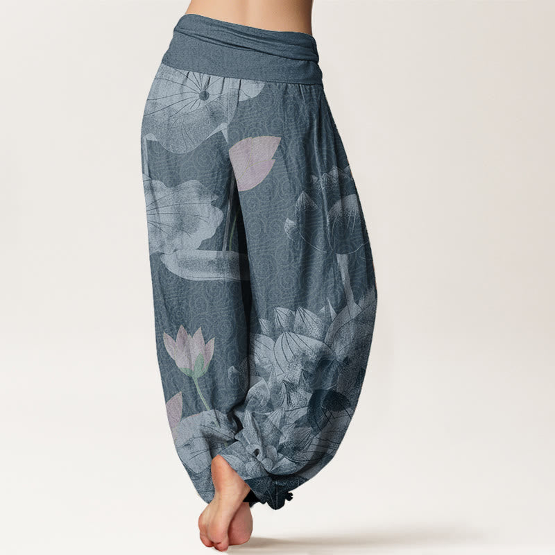 Cotton Pink And White Lotus Women's Elastic Waist Harem Pants