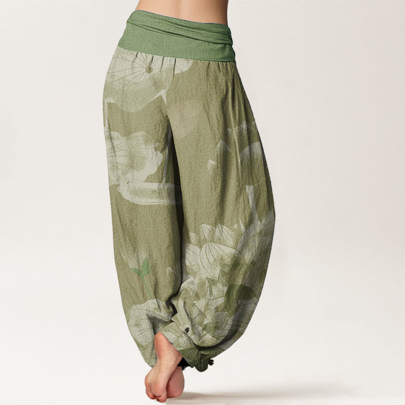 Cotton Pink And White Lotus Women's Elastic Waist Harem Pants