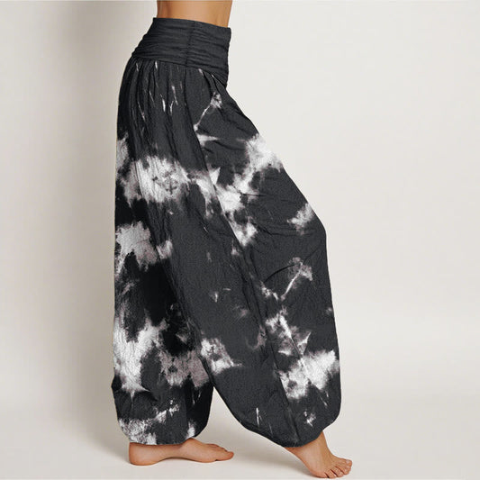Cotton White Lines Spots Tie-Dye Pattern Women's Elastic Waist Harem Pants
