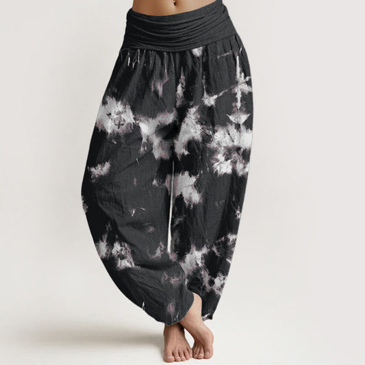 Cotton White Lines Spots Tie-Dye Pattern Women's Elastic Waist Harem Pants