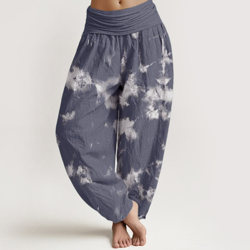 Cotton White Lines Spots Tie-Dye Pattern Women's Elastic Waist Harem Pants