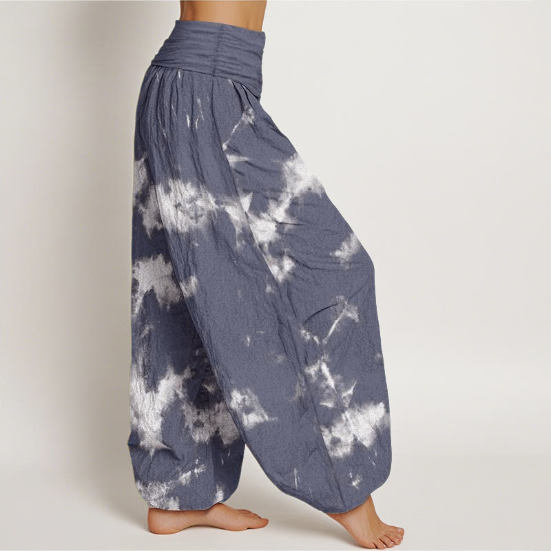 Cotton White Lines Spots Tie-Dye Pattern Women's Elastic Waist Harem Pants