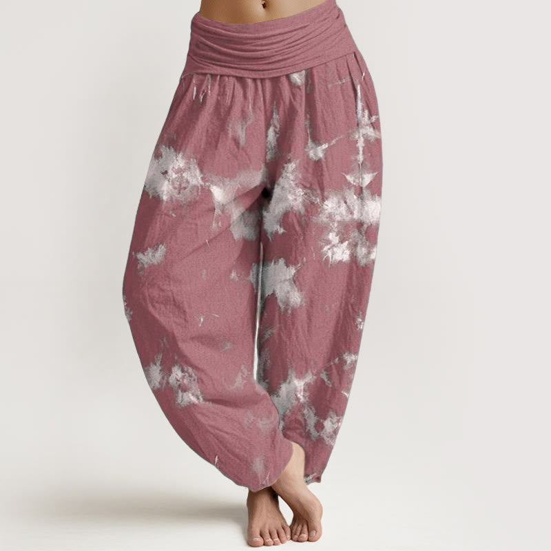 Cotton White Lines Spots Tie-Dye Pattern Women's Elastic Waist Harem Pants