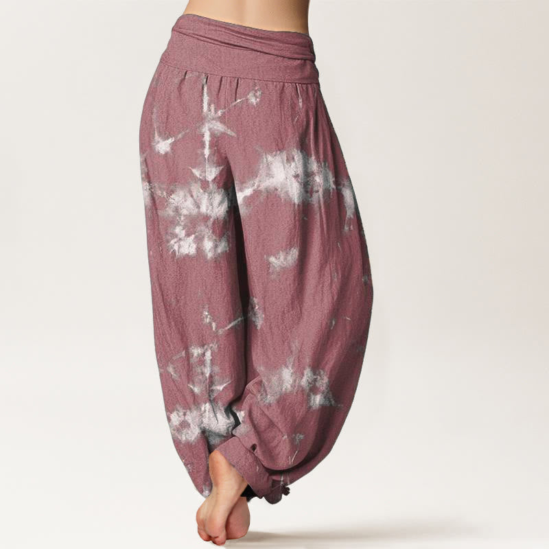 Cotton White Lines Spots Tie-Dye Pattern Women's Elastic Waist Harem Pants
