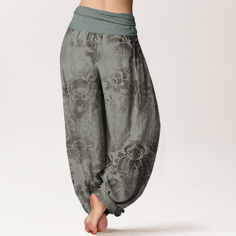 Cotton Casual Flower Leaves Design Women's Elastic Waist Harem Pants