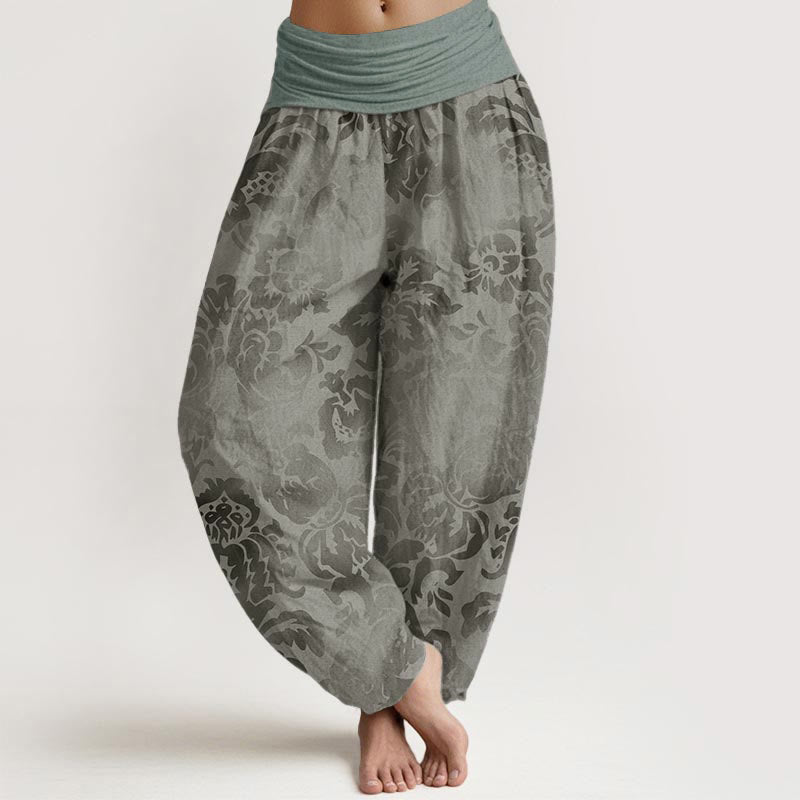 Cotton Casual Flower Leaves Design Women's Elastic Waist Harem Pants
