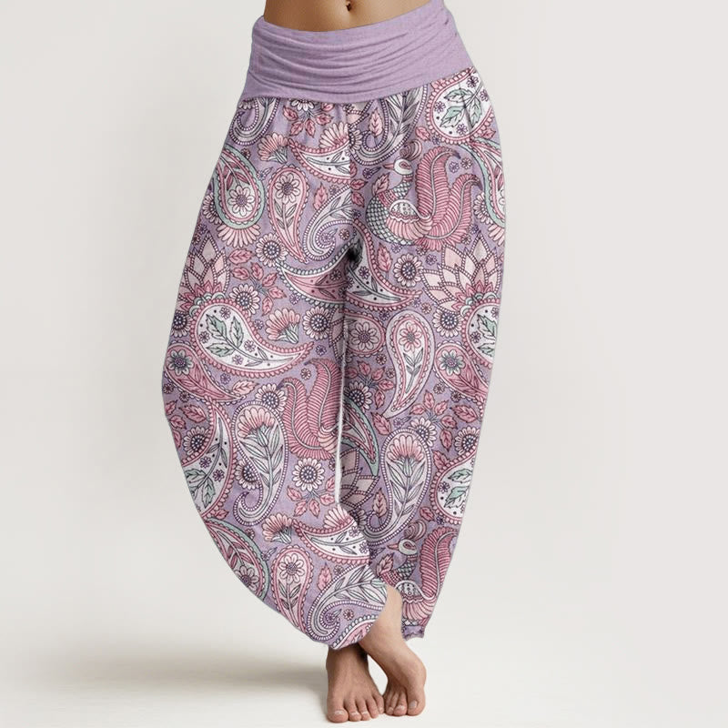 Cotton Cashew Flower Peacock Sunflower Design Women's Elastic Waist Harem Pants
