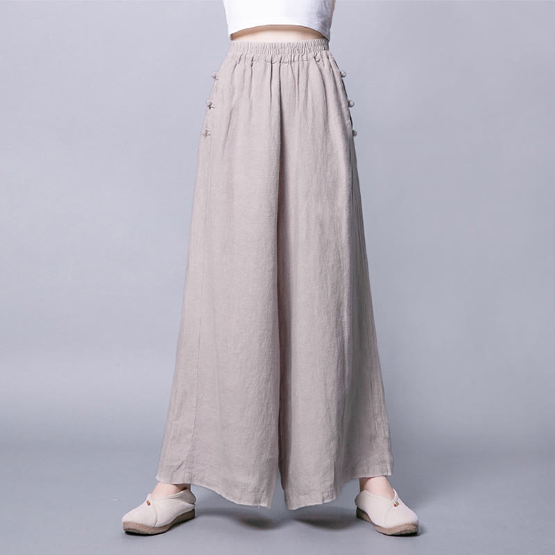 Casual Frog-Button High Waist Wide Leg Pants With Pockets