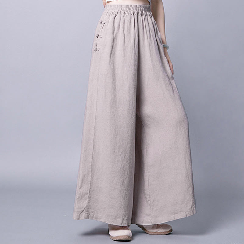 Casual Frog-Button High Waist Wide Leg Pants With Pockets