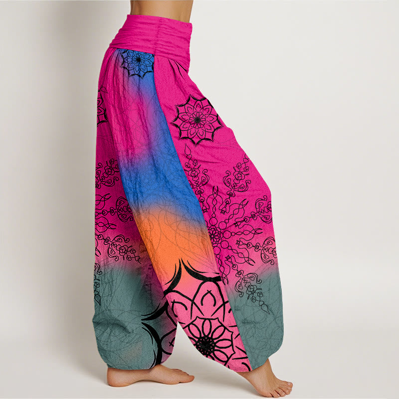 Cotton Brightly Colored Mandala Pattern Women's Elastic Waist Harem Pants