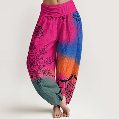 Cotton Brightly Colored Mandala Pattern Women's Elastic Waist Harem Pants