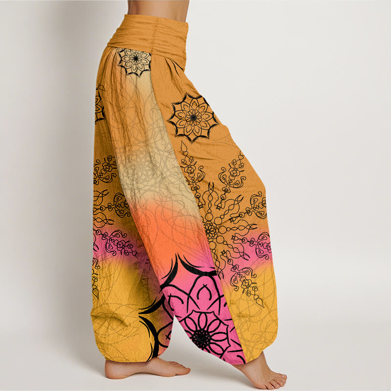 Cotton Brightly Colored Mandala Pattern Women's Elastic Waist Harem Pants