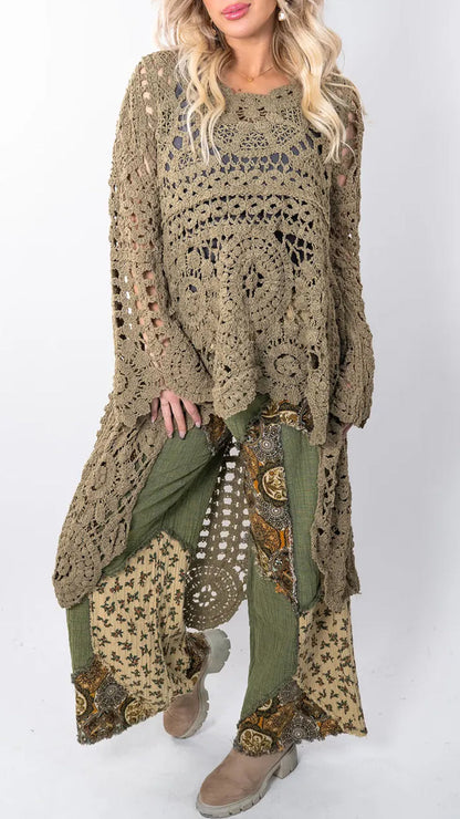 Women Round Neck Hollow Out Casual Long Top