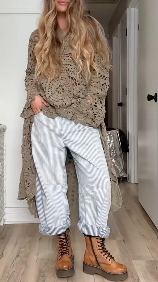 Women Round Neck Hollow Out Casual Long Top