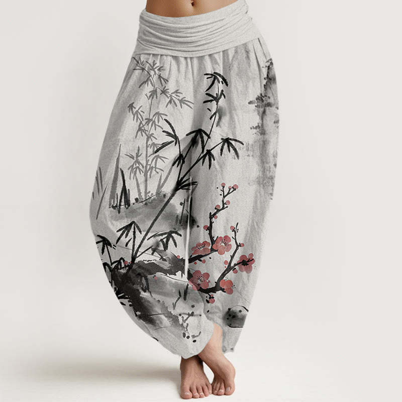 Cotton Plum Blossoms Bamboo Orchids Chrysanthemums Pattern Women's Elastic Waist Harem Pants