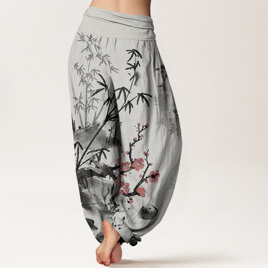 Cotton Plum Blossoms Bamboo Orchids Chrysanthemums Pattern Women's Elastic Waist Harem Pants