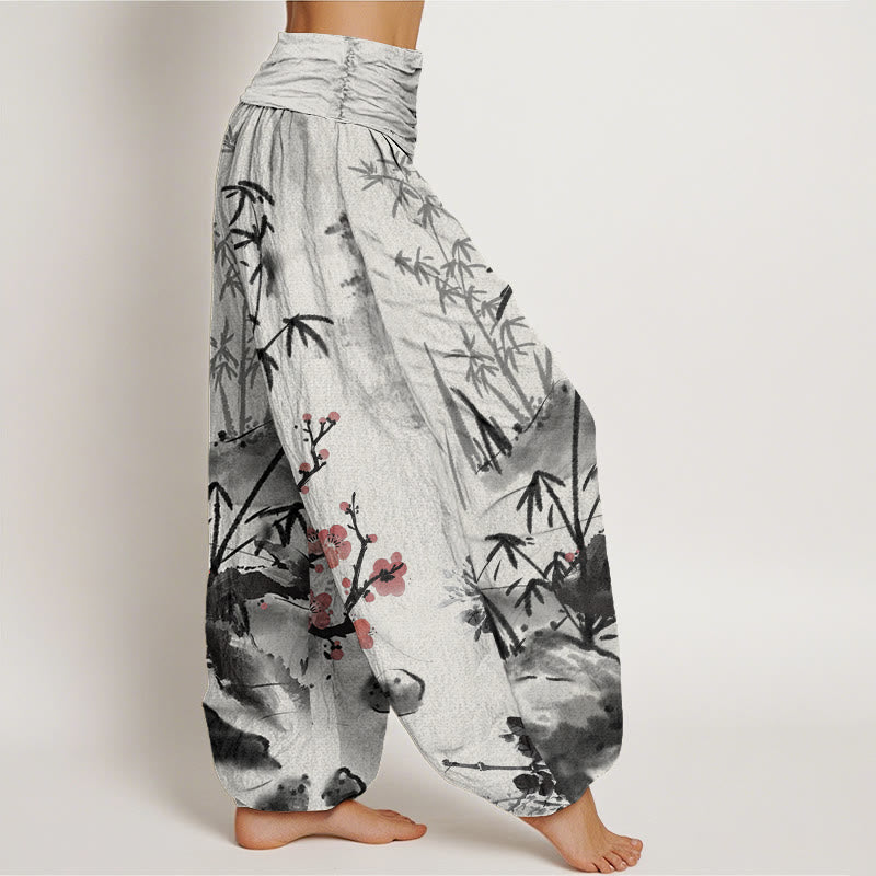 Cotton Plum Blossoms Bamboo Orchids Chrysanthemums Pattern Women's Elastic Waist Harem Pants