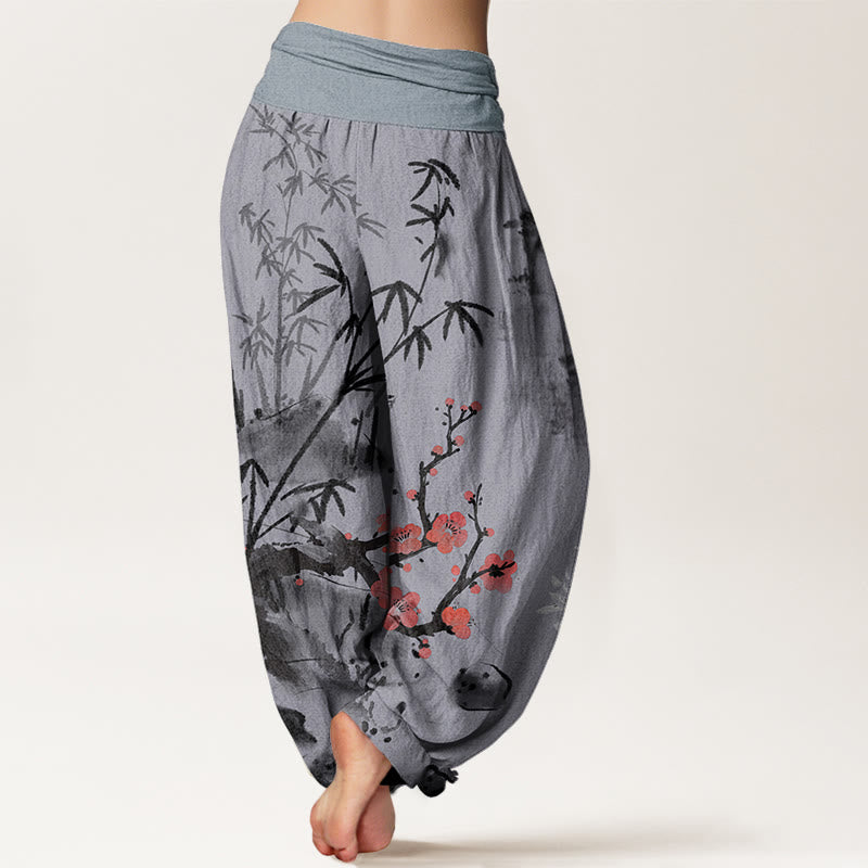Cotton Plum Blossoms Bamboo Orchids Chrysanthemums Pattern Women's Elastic Waist Harem Pants