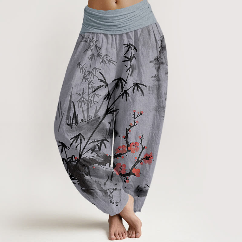 Cotton Plum Blossoms Bamboo Orchids Chrysanthemums Pattern Women's Elastic Waist Harem Pants