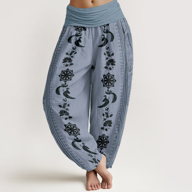 Pure Cotton Dharma Wheel Lotus OM Pattern Women's Elastic Waist Harem Pants
