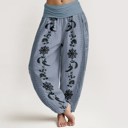 Pure Cotton Dharma Wheel Lotus OM Pattern Women's Elastic Waist Harem Pants